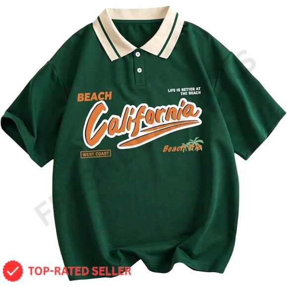 Tops - Oversized Rugby Shirt Short Sleeve Collared Jersey Y2K Vintage Graphic Tee